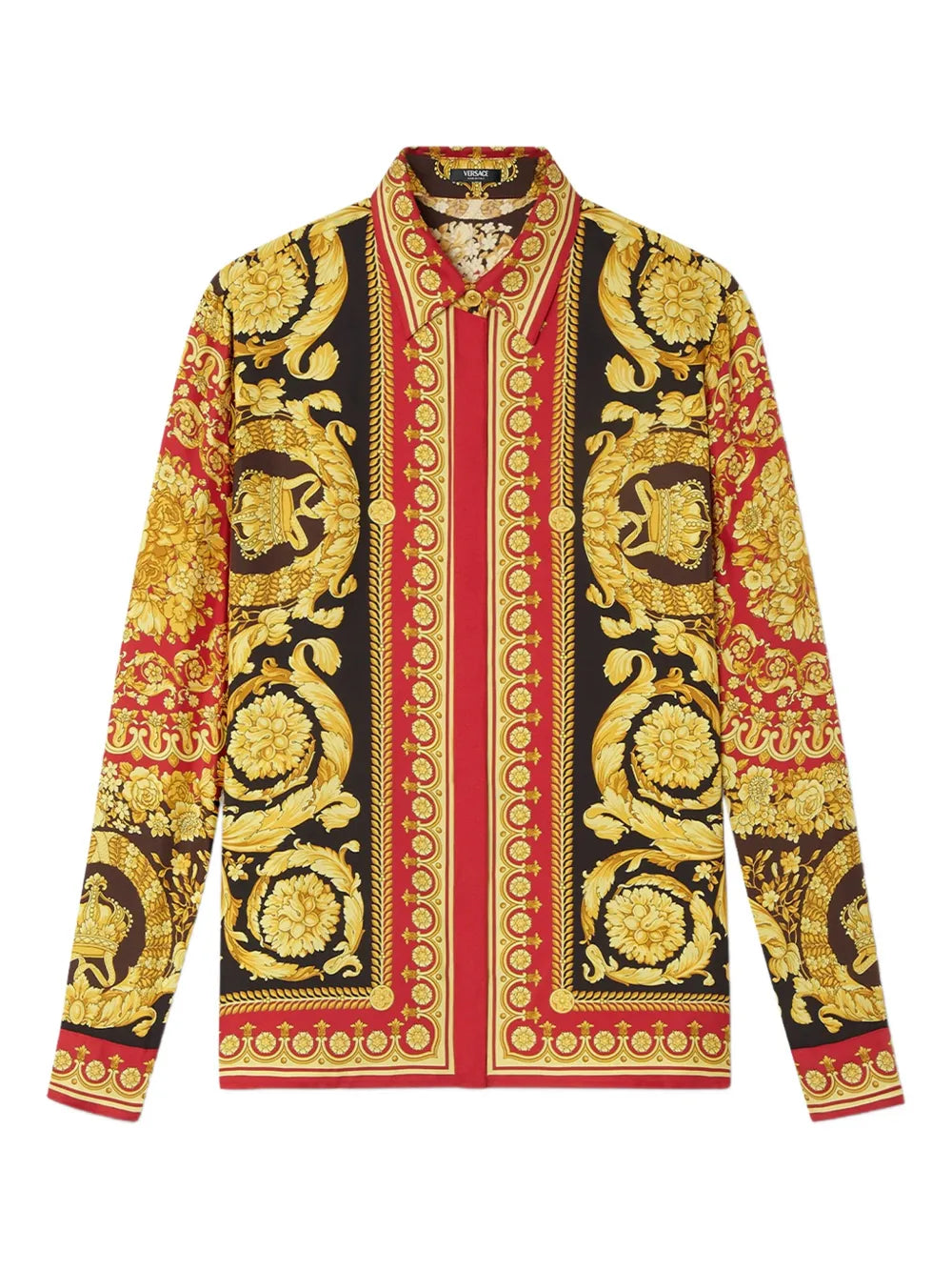 Versace black, gold and red '92 barocco silk blouse on a white background.