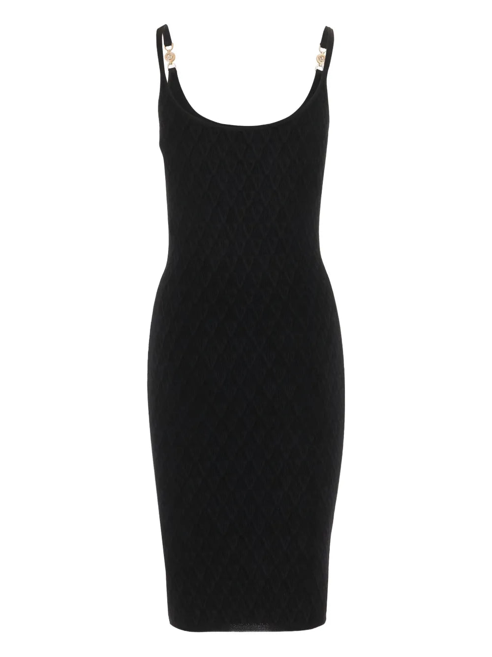 Black knit dress with thin straps on a white background.