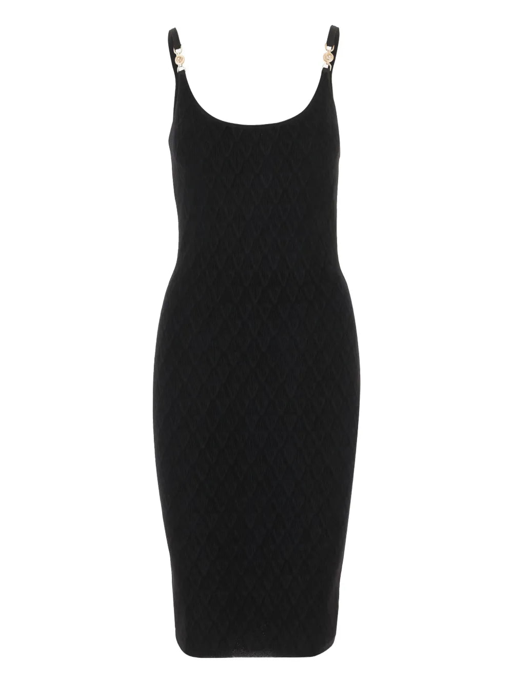 Black knit dress with thin straps on a white background.