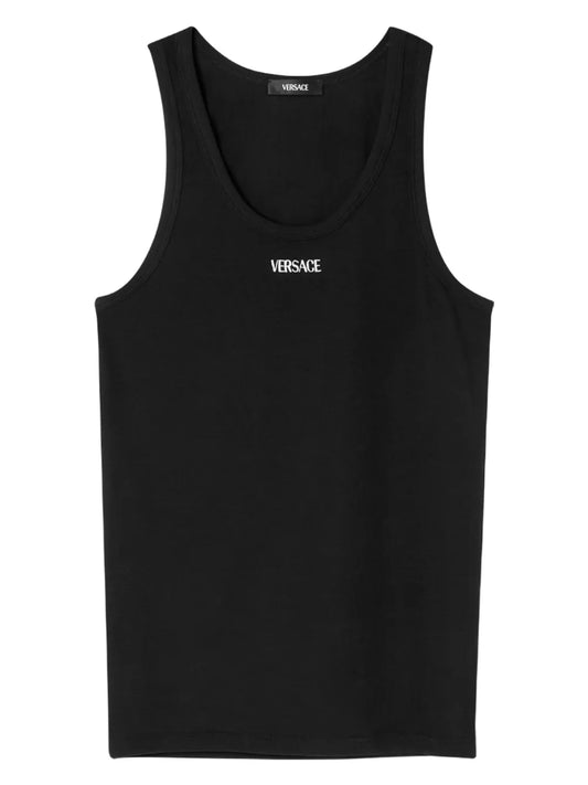 Black tank top with Versace logo on a white background