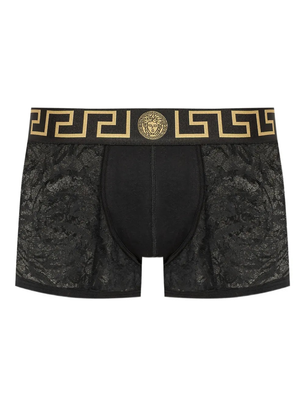 Black lace boxer briefs with gold waistband featuring a logo on a white background