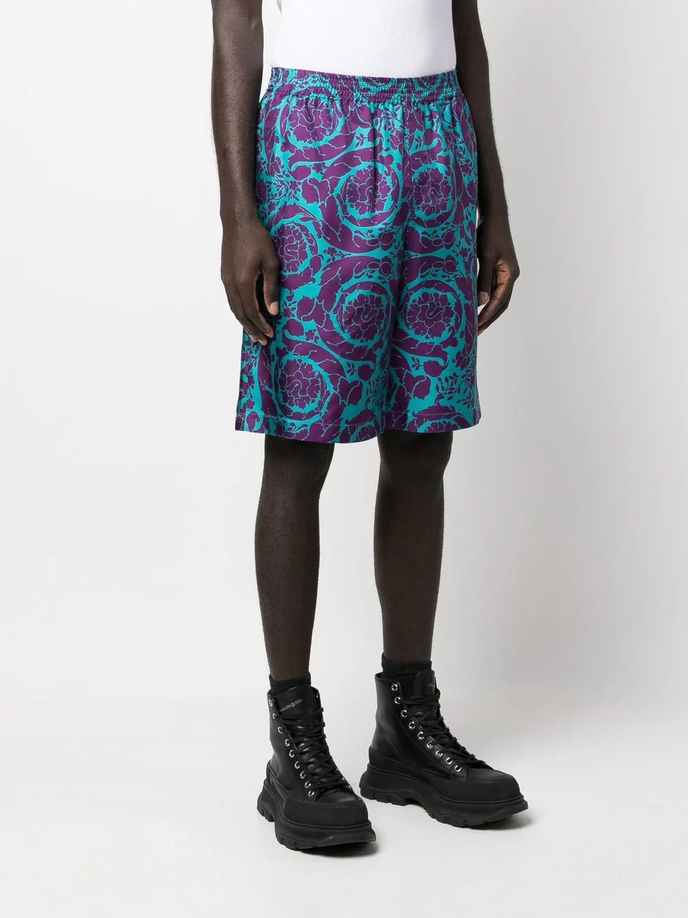 Versace Teal & Plum Barocco Silk Shorts