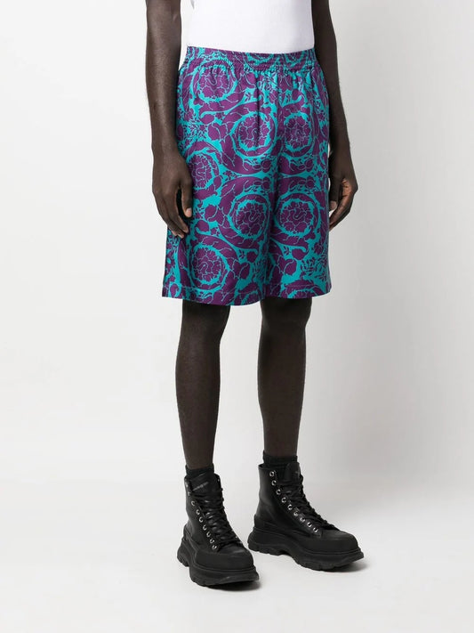 Versace Teal & Plum Barocco Silk Shorts
