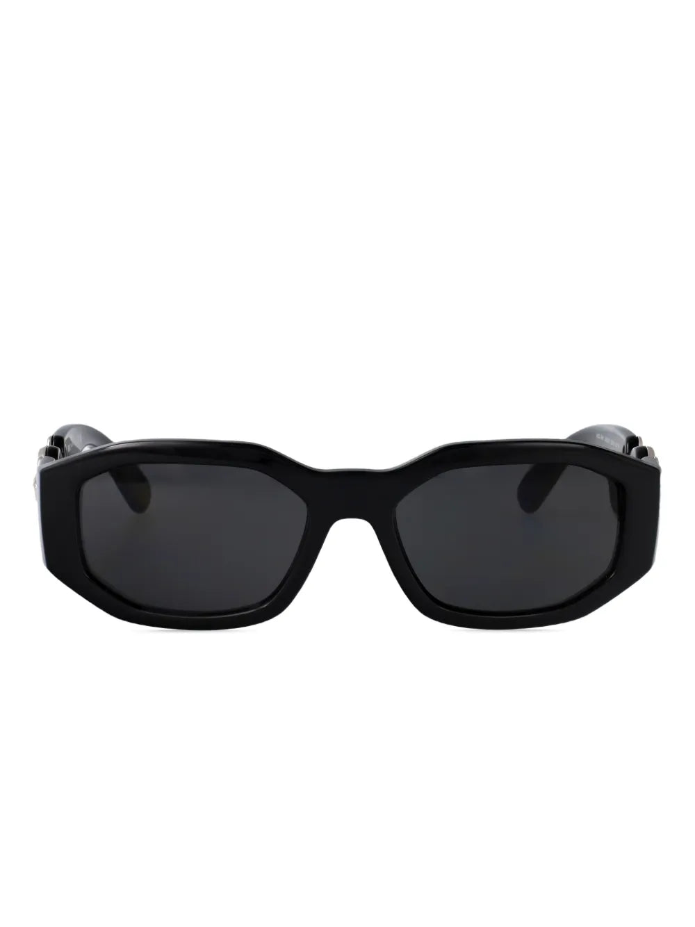 Black Versace Biggie sunglasses with silver Versace logo on the temples.