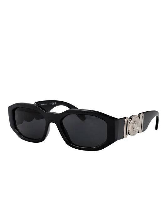 Black Versace Biggie sunglasses with silver Versace logo on the temples.