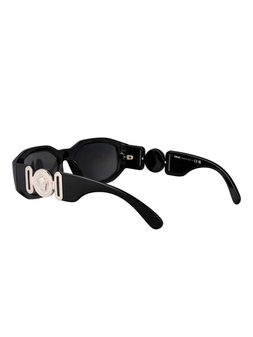 Black Versace Biggie sunglasses with silver Versace logo on the temples.
