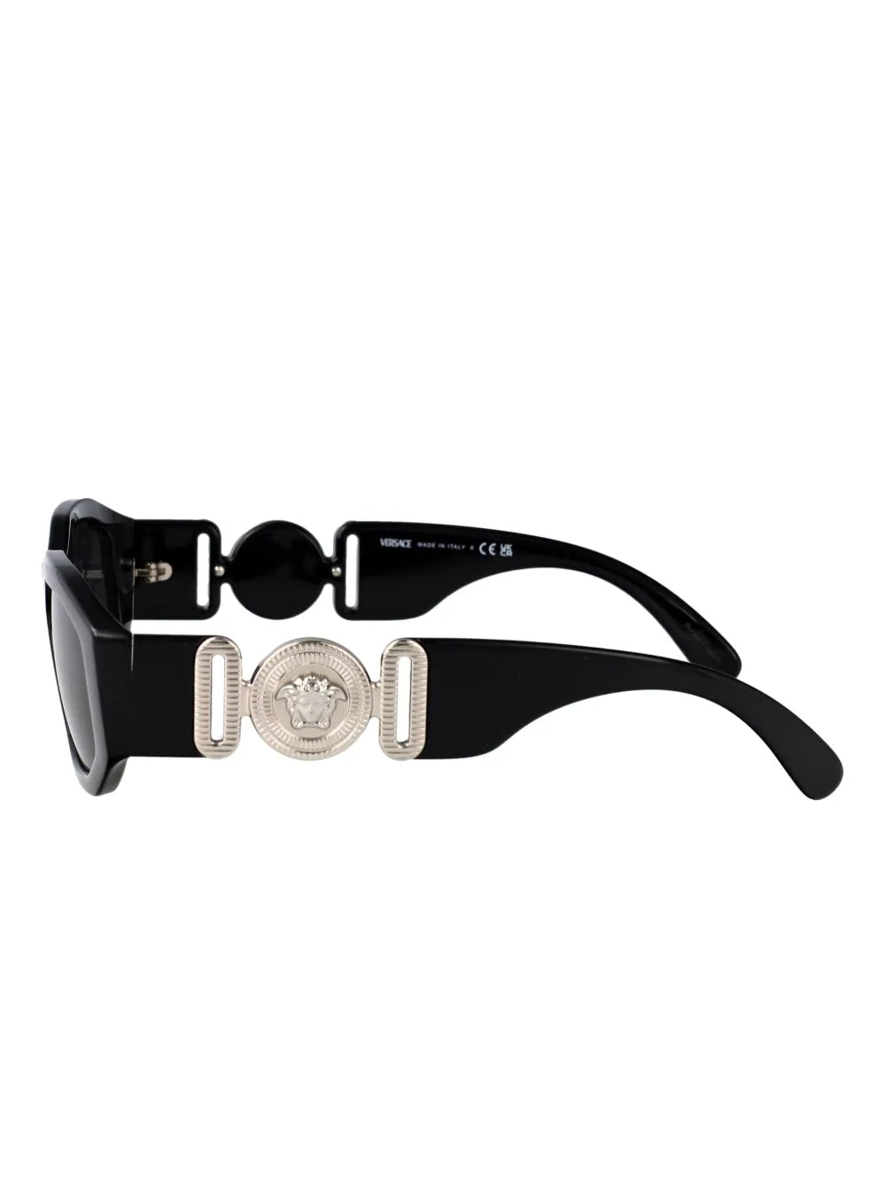 Black Versace Biggie sunglasses with silver Versace logo on the temples.
