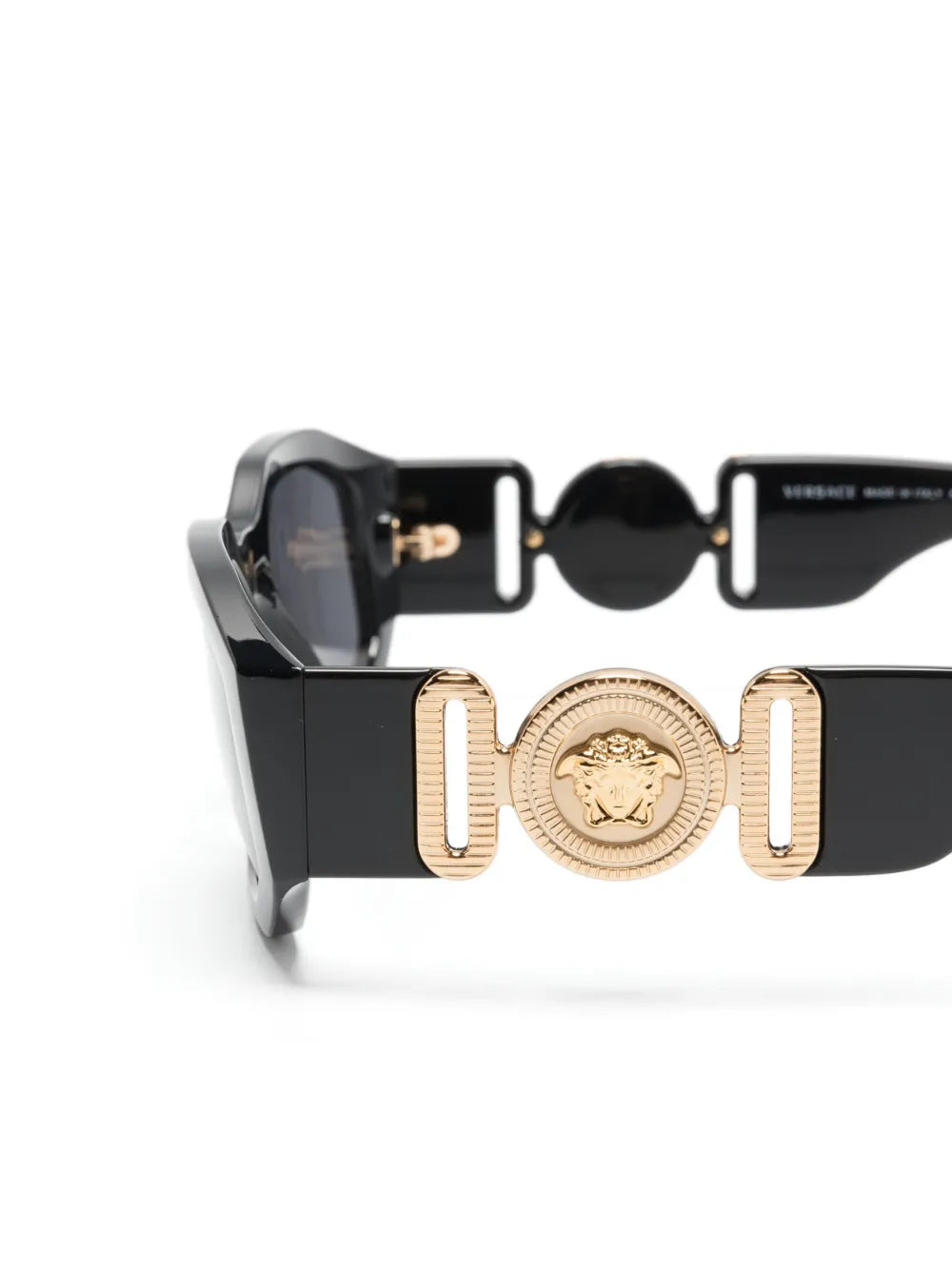 Black Versace Biggie sunglasses with gold Versace logo on the temples.