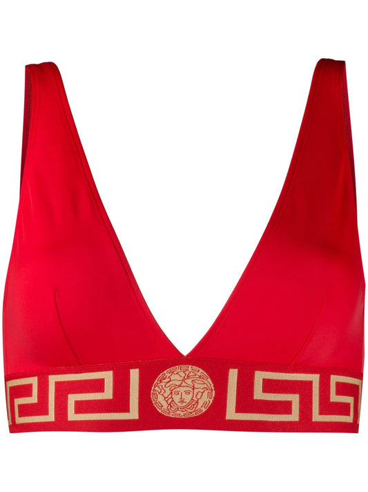 Versace Red Greek Key Triangle Swim Top