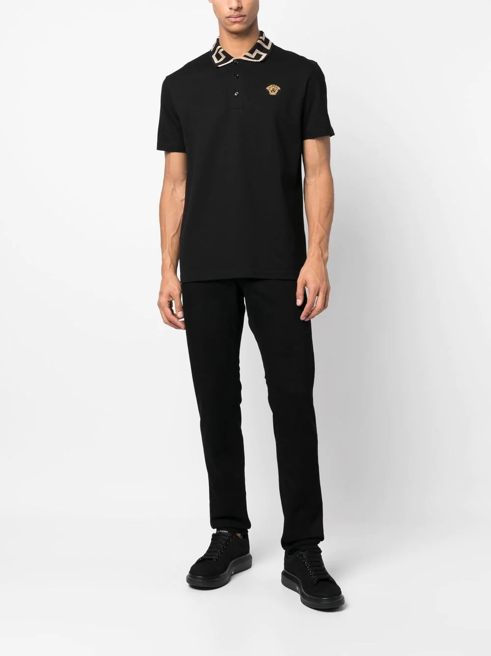 Versace Black Polo with Medusa and Gold Lurex Greek Key Collar