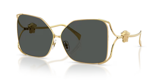 Gold-framed Versace sunglasses with Medusa on the temples.