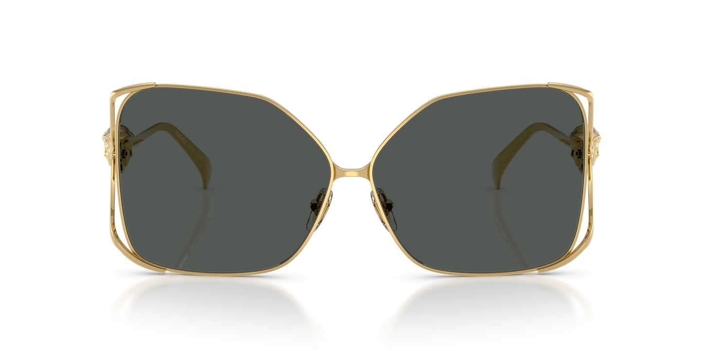 Gold-framed Versace sunglasses with Medusa on the temples.