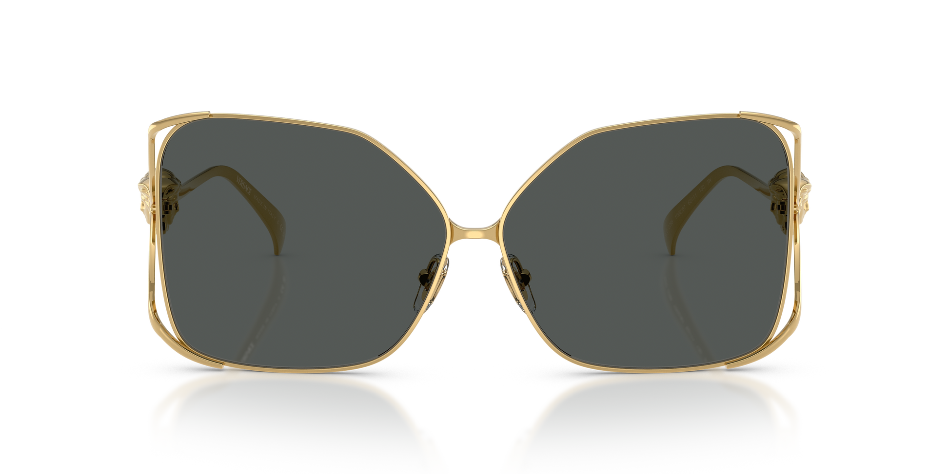 Gold-framed Versace sunglasses with Medusa on the temples.