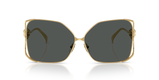Gold-framed Versace sunglasses with Medusa on the temples.