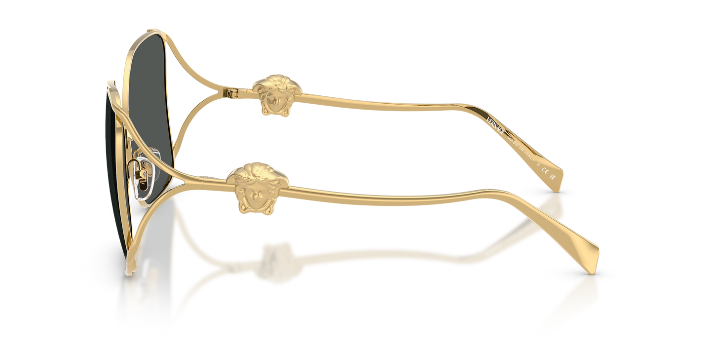 Gold-framed Versace sunglasses with Medusa on the temples.