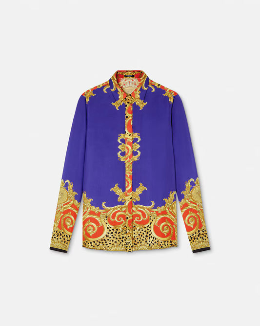Purple shirt with gold and red baroque-style patterns on a white background.