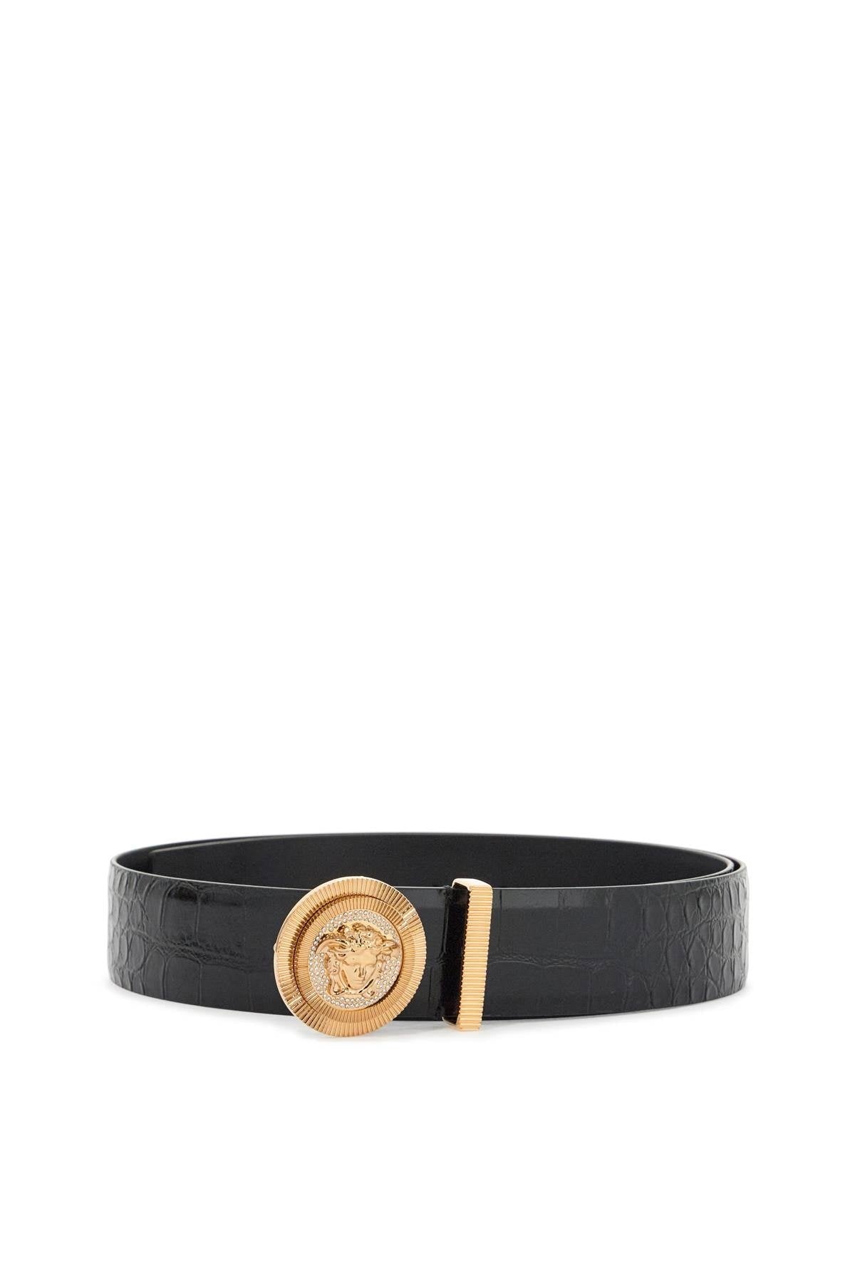 Black croc embossed leather belt with gold Medusa buckle on a white background.