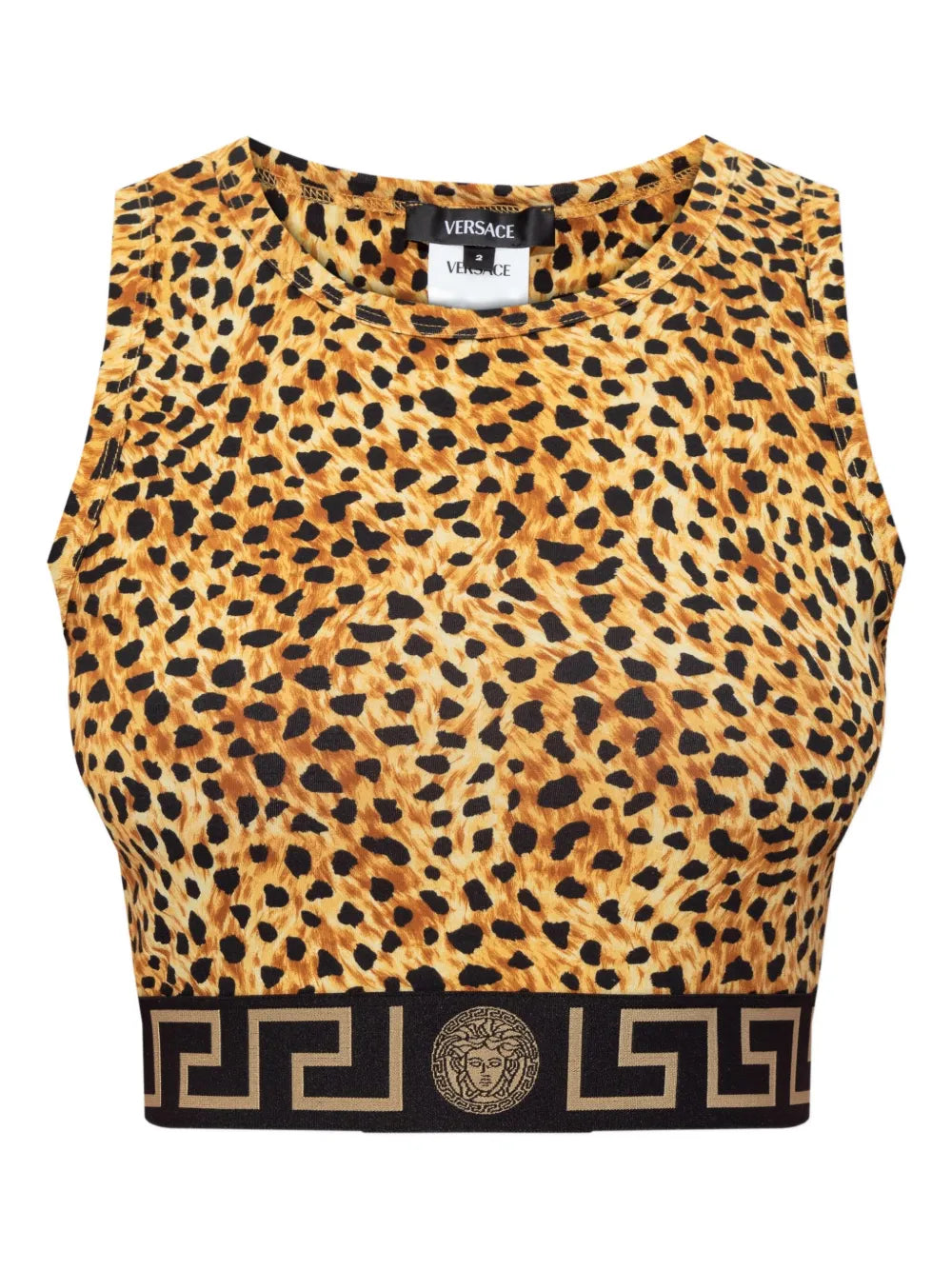 Cheetah print top with Versace logo on a white background.