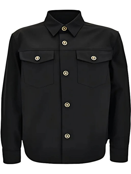 Black denim jacket with gold Medusa buttons on a white background