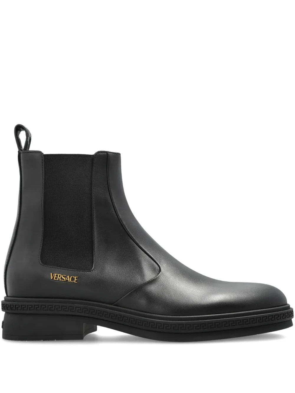 Black Versace Chelsea boot on a white background.