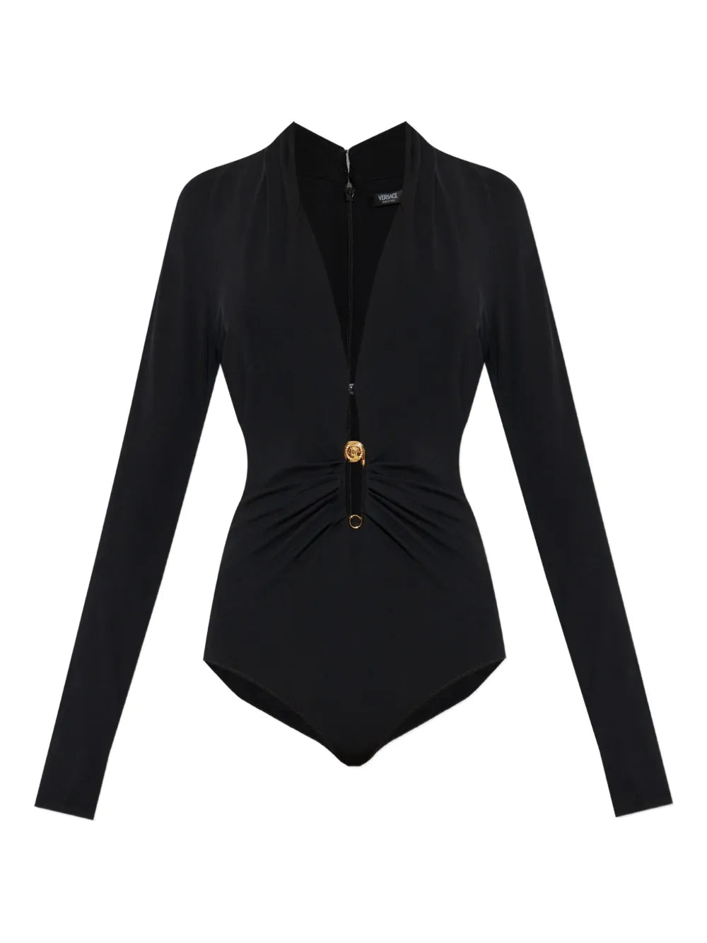 Black long-sleeve bodysuit with a gold safety pin on a white background.