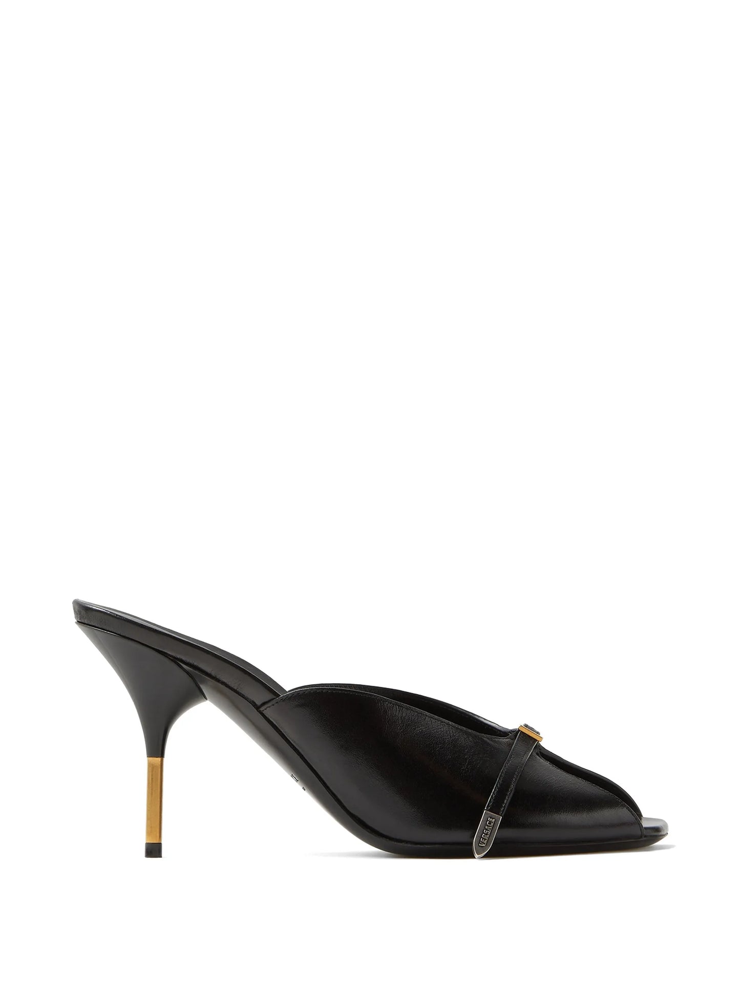 Black high-heeled Versace mule with a strap on a white background