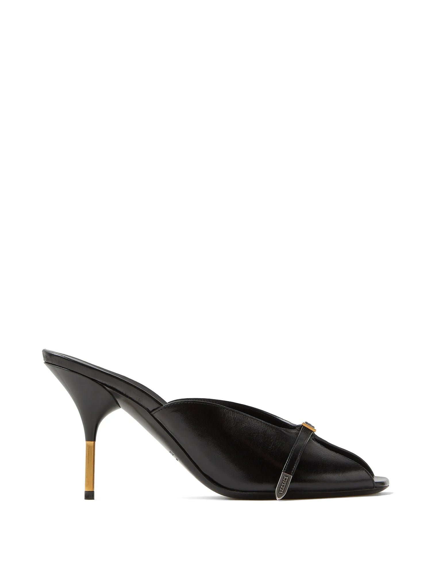 Black high-heeled Versace mule with a strap on a white background