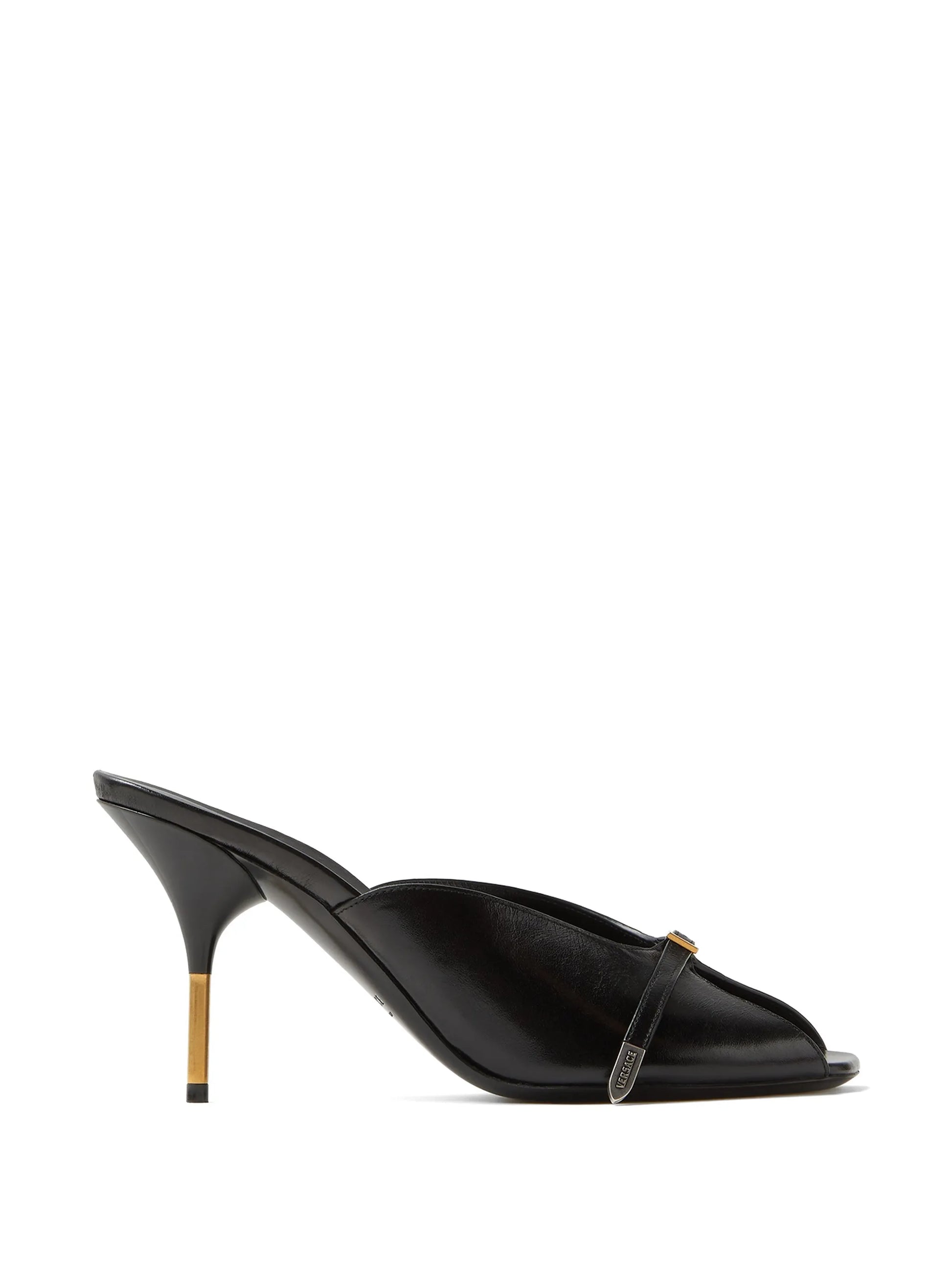 Black high-heeled Versace mule with a strap on a white background