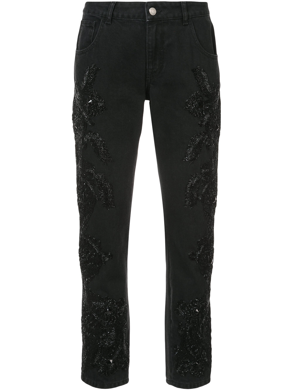 Black boyfriend jeans with beaded embellishments on both legs.