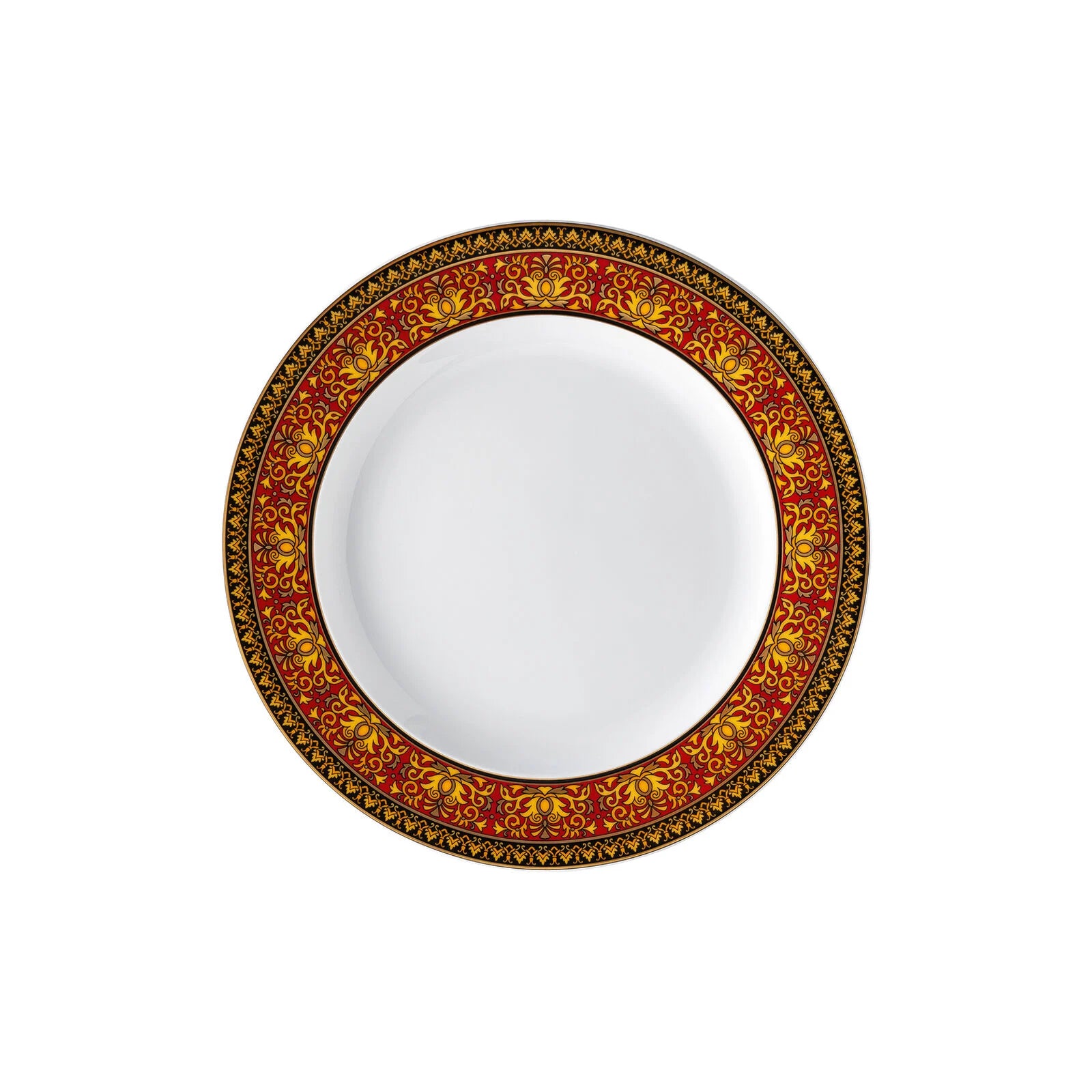 Decorative plate with a colorful floral rim on a white background