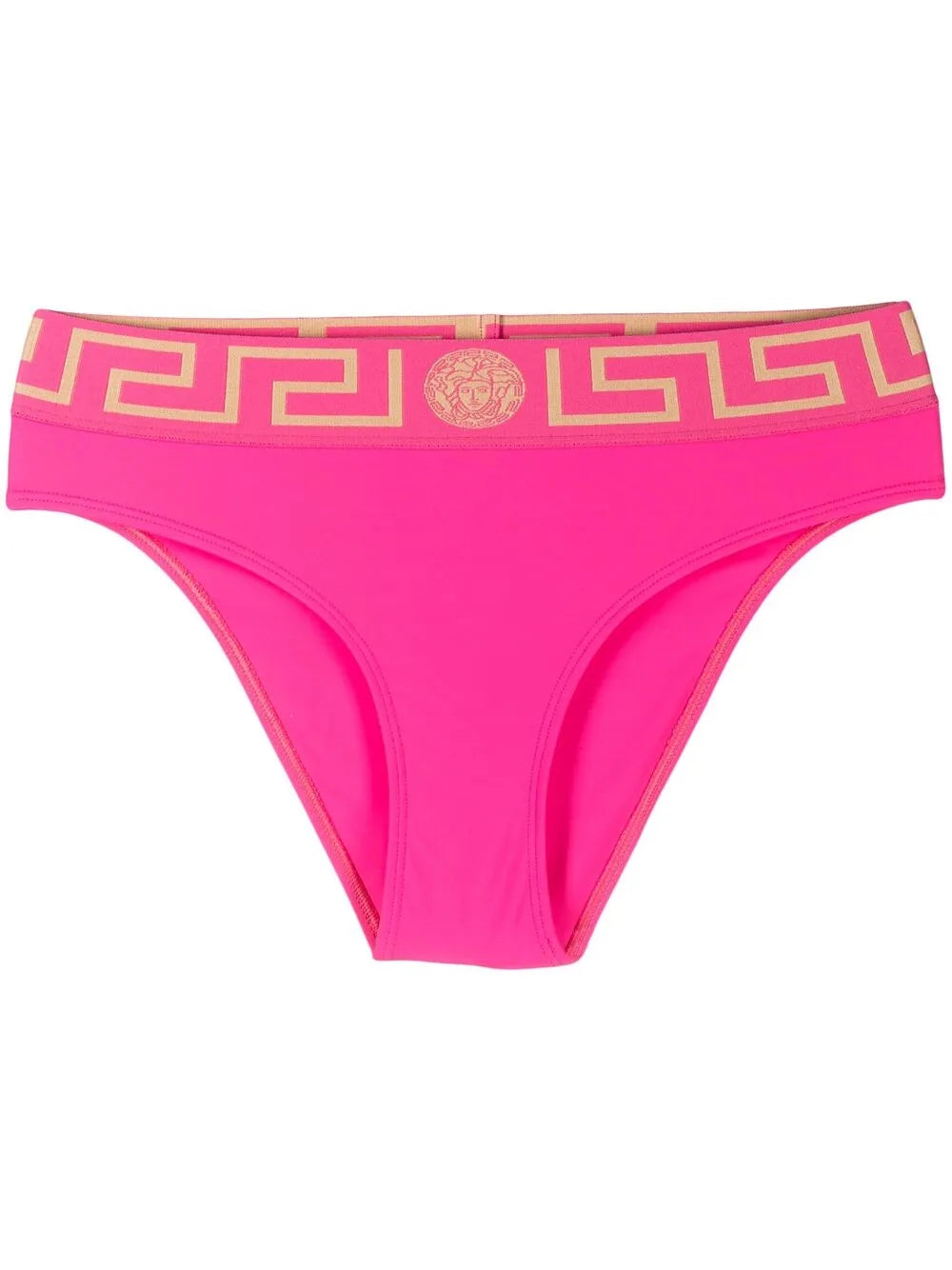 Bright pink Versace bikini bottom with a gold Greek key pattern and Medusa emblem on the waistband, shown against a plain white background.
