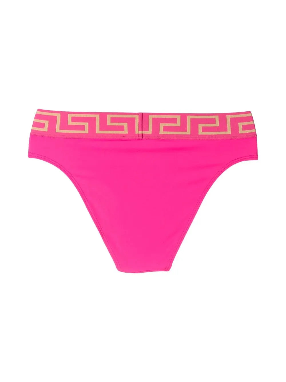 Back of Versace pink bikini bottom with gold waistband on a white background
