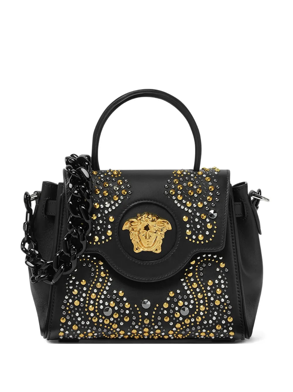 Black handbag with gold, silver and black embellishments on a white background.