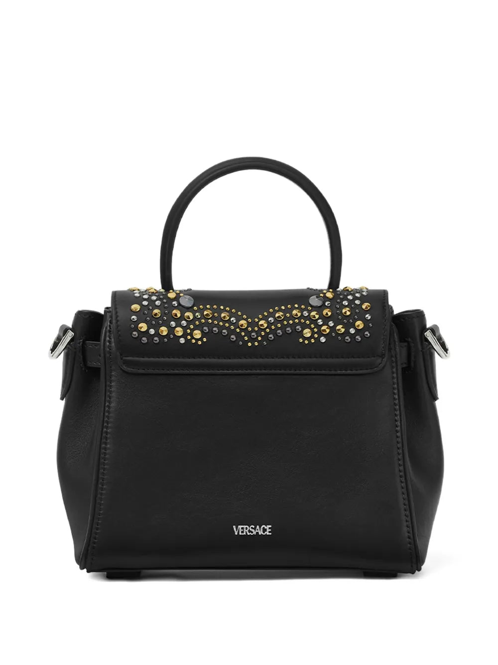 Black handbag with gold, silver and black embellishments and a VERSACE logo on a white background.