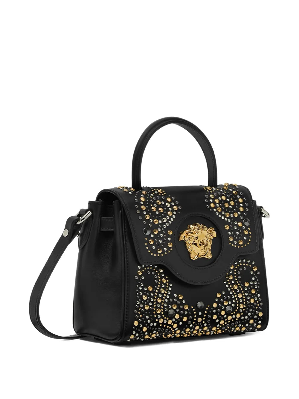 Black handbag with gold, silver and black embellishments on a white background.