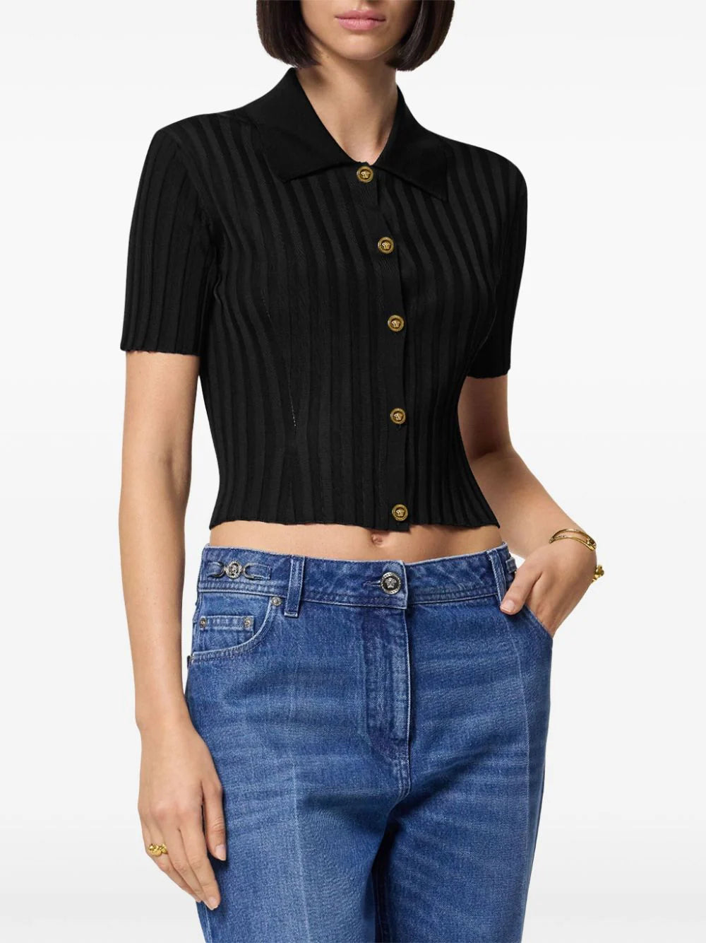 Versace Black Button-up Ribbed Knit