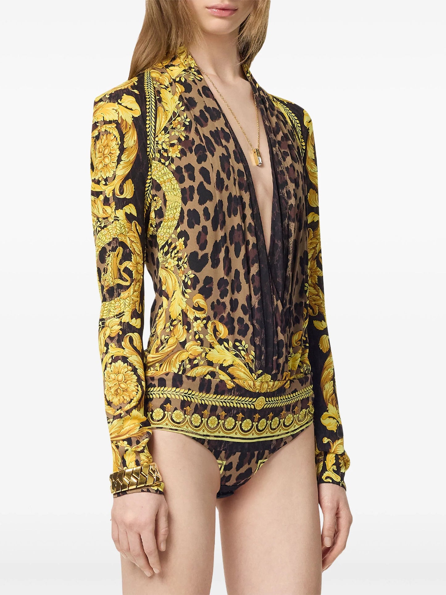 Versace Wild Barocco Silk Draped Bodysuit