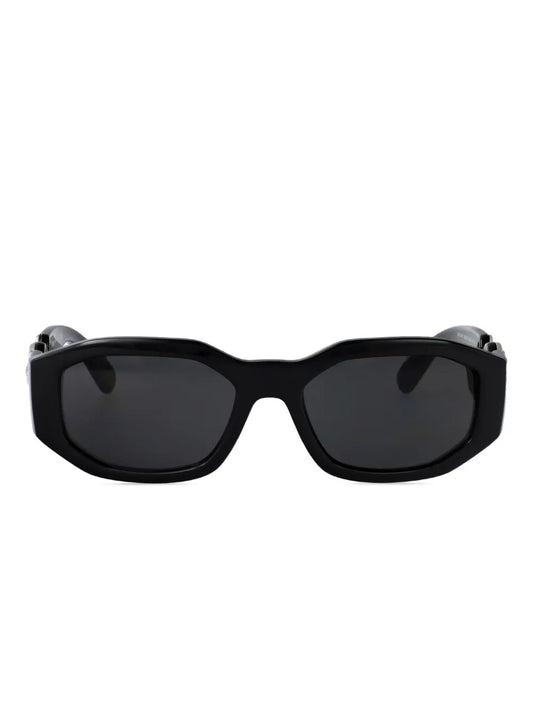 Black Versace Biggie sunglasses with silver Versace logo on the temples.