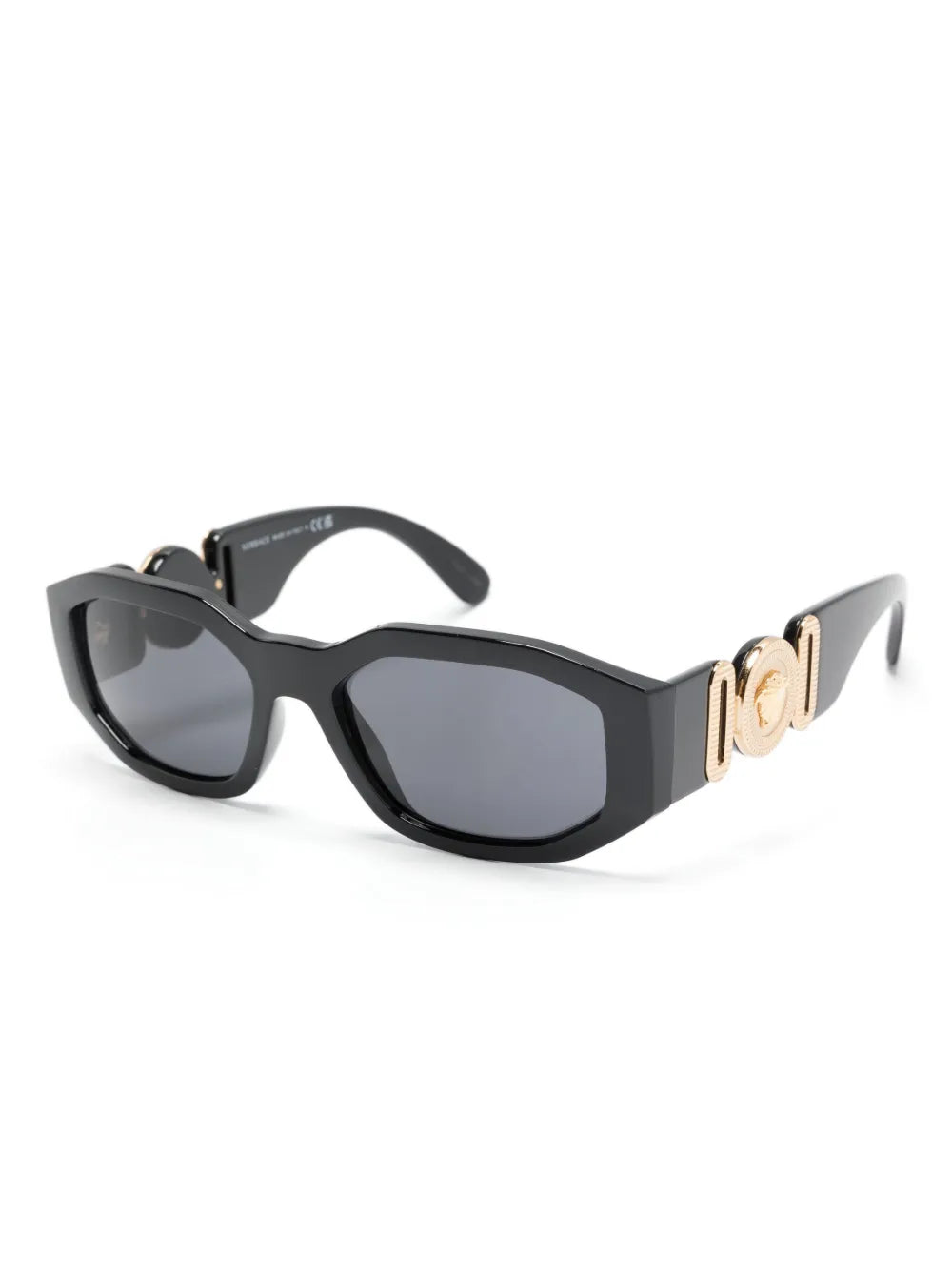 Black Versace Biggie sunglasses with gold Versace logo on the temples.