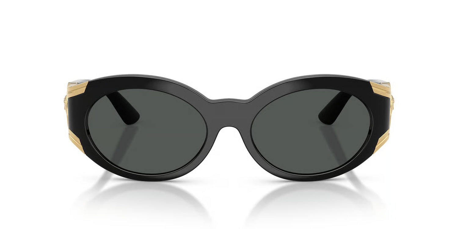 Versace sunglasses with black and gold frame on a white background.