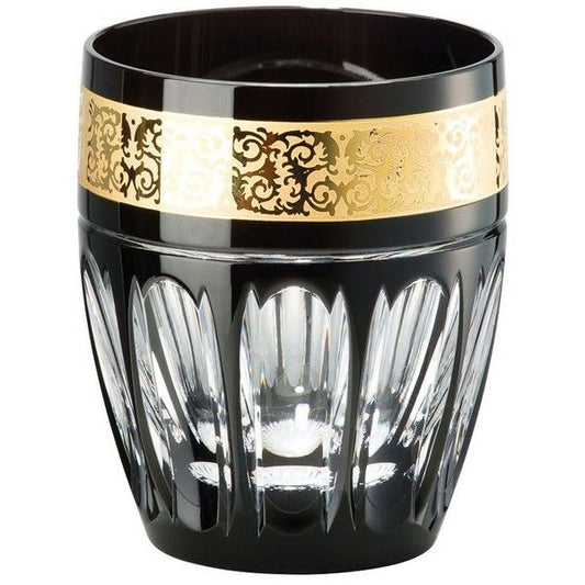 Decorative black and gold crystal DOF whiskey with cut-out design on a white background.